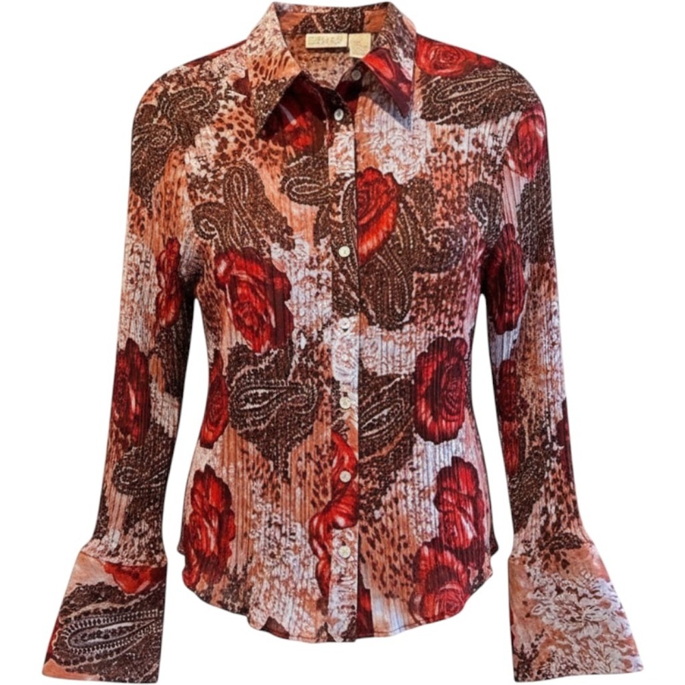 Caviar Button‎ Up Shirt Red Floral Paisley Pleated Whimsigoth Womens Large